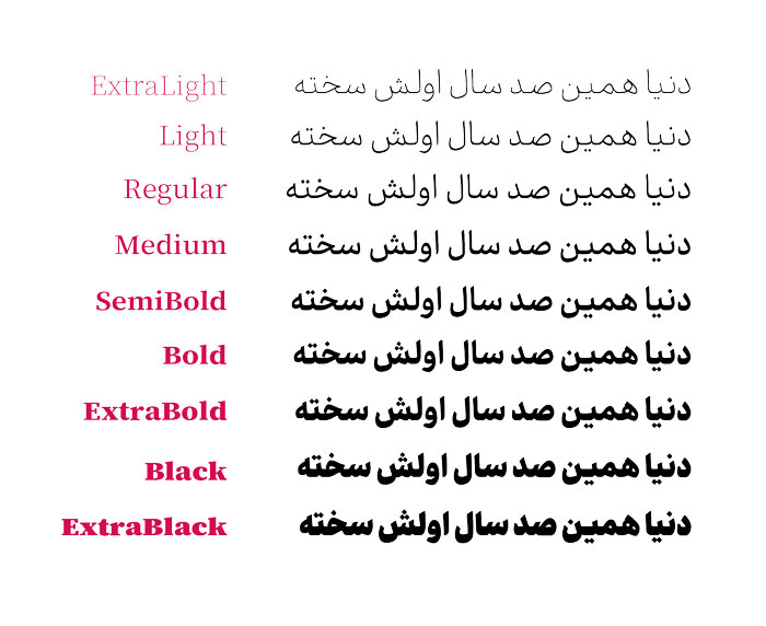 فونت فارسی دیباج دارای 9 وزن با نام های Extra light, Light, Regular, Medium, Semi Bold, Bold, Extra bold, Black, Extra Black است.